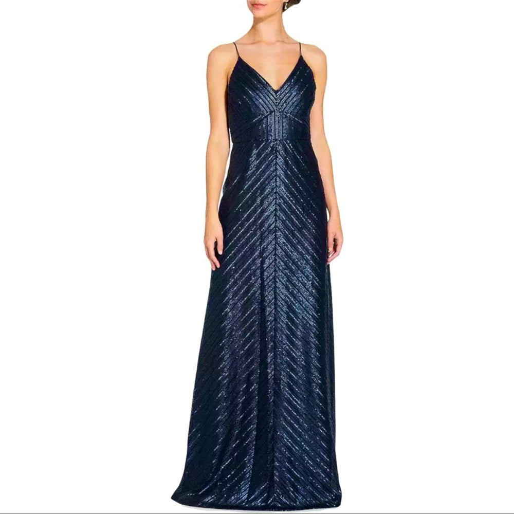 Weddington Way by Adrianna Papell Navy Blue Sequin Spaghetti Strap Gown